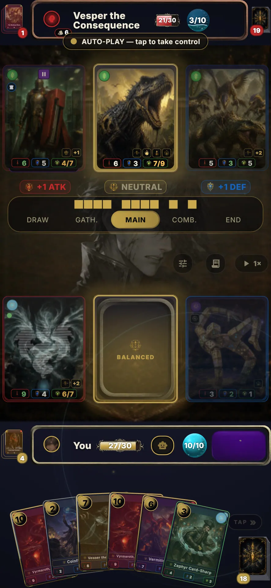 A duel on a phone: your rival's three units fill the top row, two of yours hold the bottom row, the left lane is marked +1 Attack and the right +1 Defense, and your hand of six cards waits at the bottom.